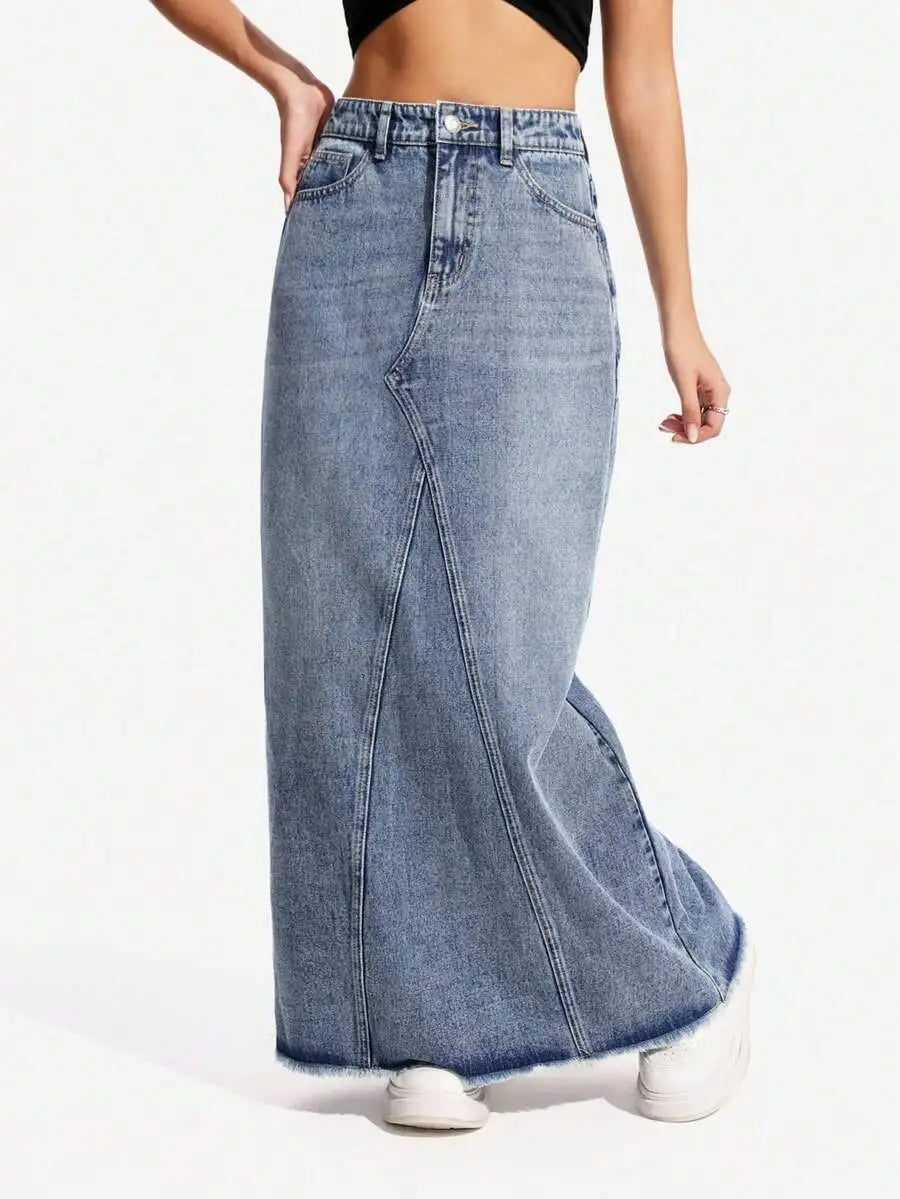 Women's High-Waisted Wide-Leg Denim Skirt with Frayed Hem