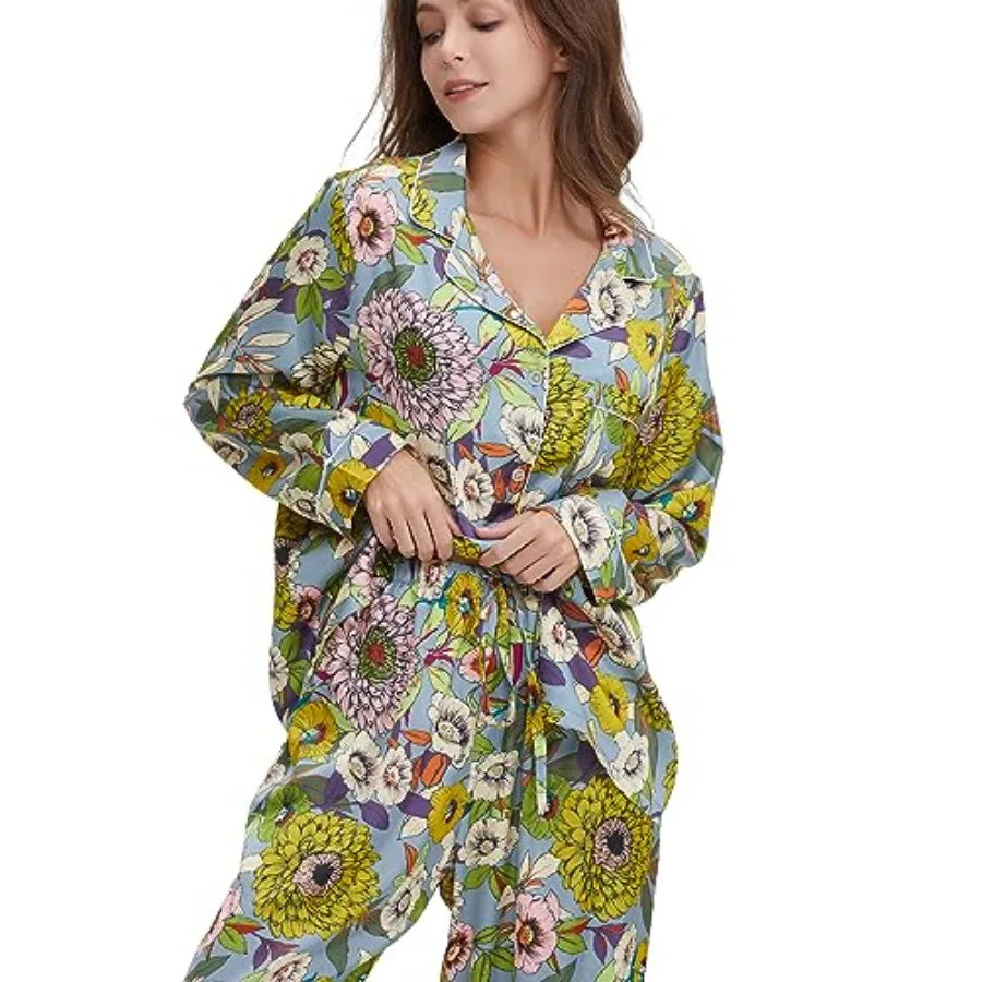 YiNi LuLu Womens Silk Satin Pajamas Set Button Down 2 Pcs Pjs Long Sleeve Oversized Sleepwear with Pockets