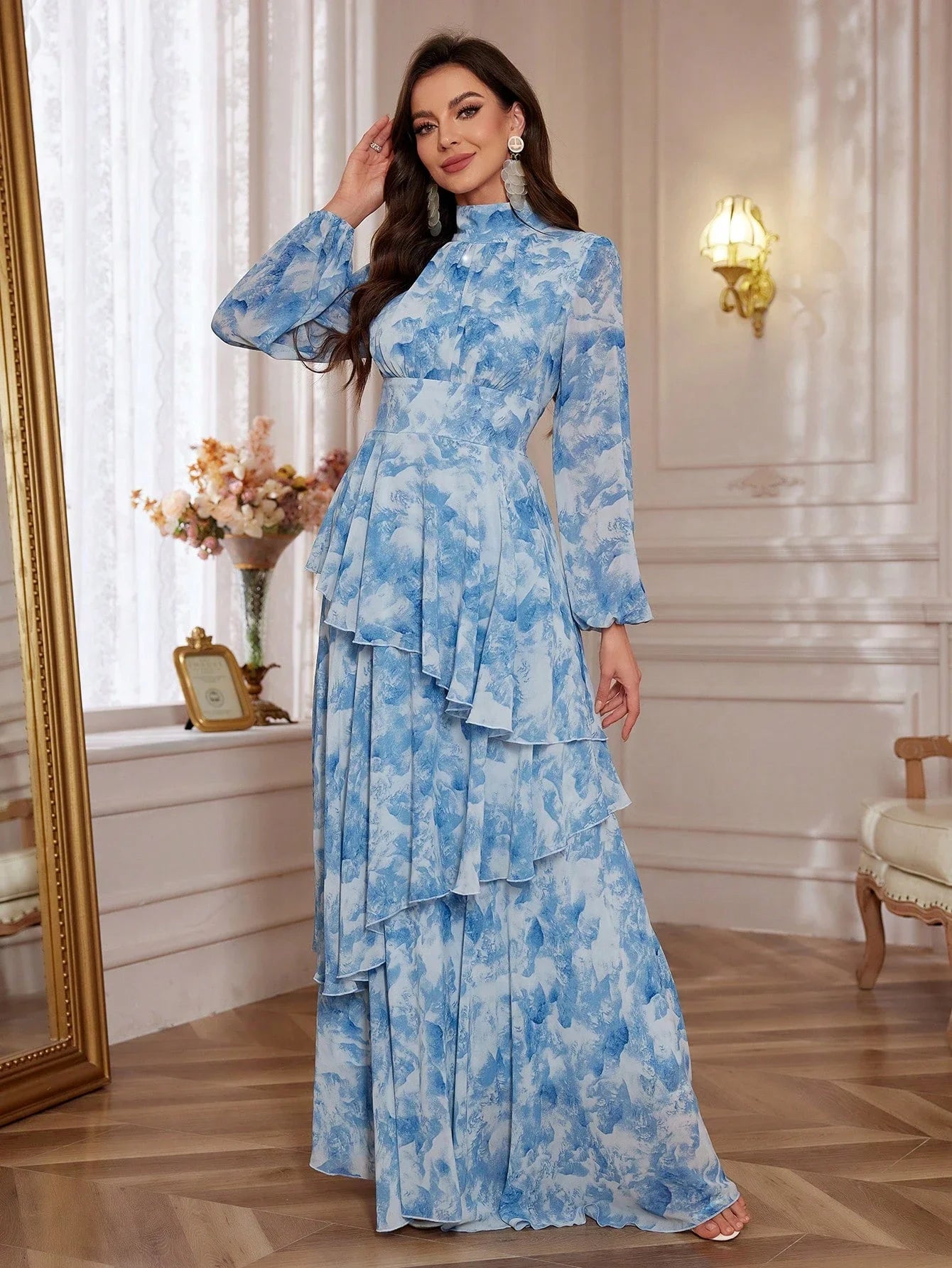 Women's Blue Floral Print Stand Collar Lantern Sleeve Ruffled Tiered Floor Length Elegant Dress
