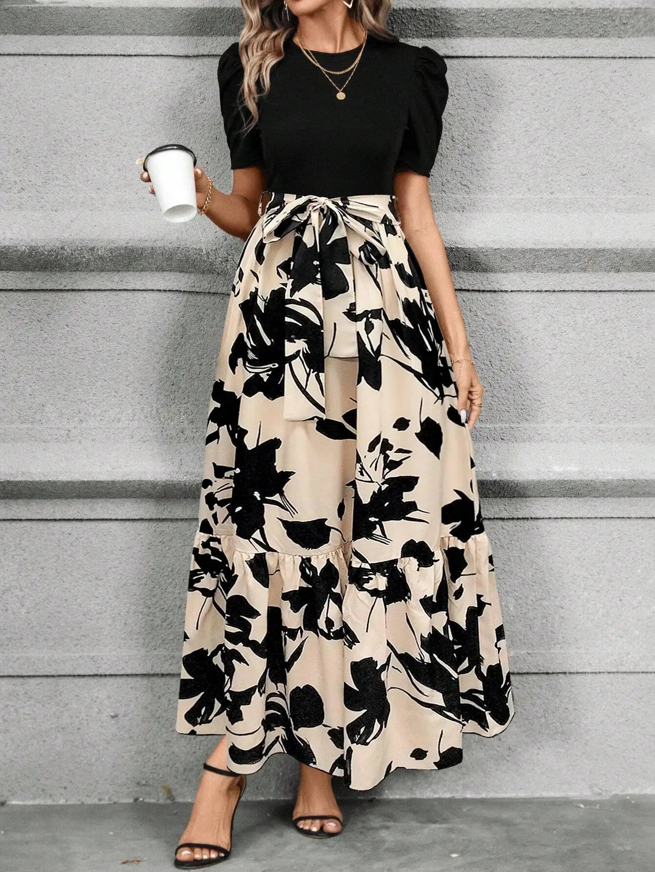 Women's Black Puff Sleeve Floral Print Maxi Dress With Sash Waist