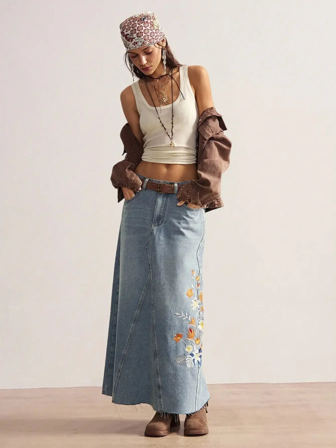 Women's A-Line Denim Maxi Skirt with Floral Embroidery and Frayed Hem