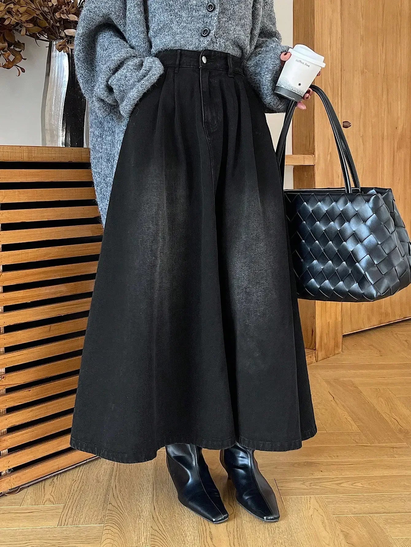 Women's A-Line Denim Skirt, Loose Fit, High Waist, Full Length
