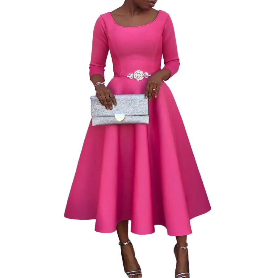 【New style】D346  European and American women's clothing summer new style pure color big swing dress temperament evening dress
