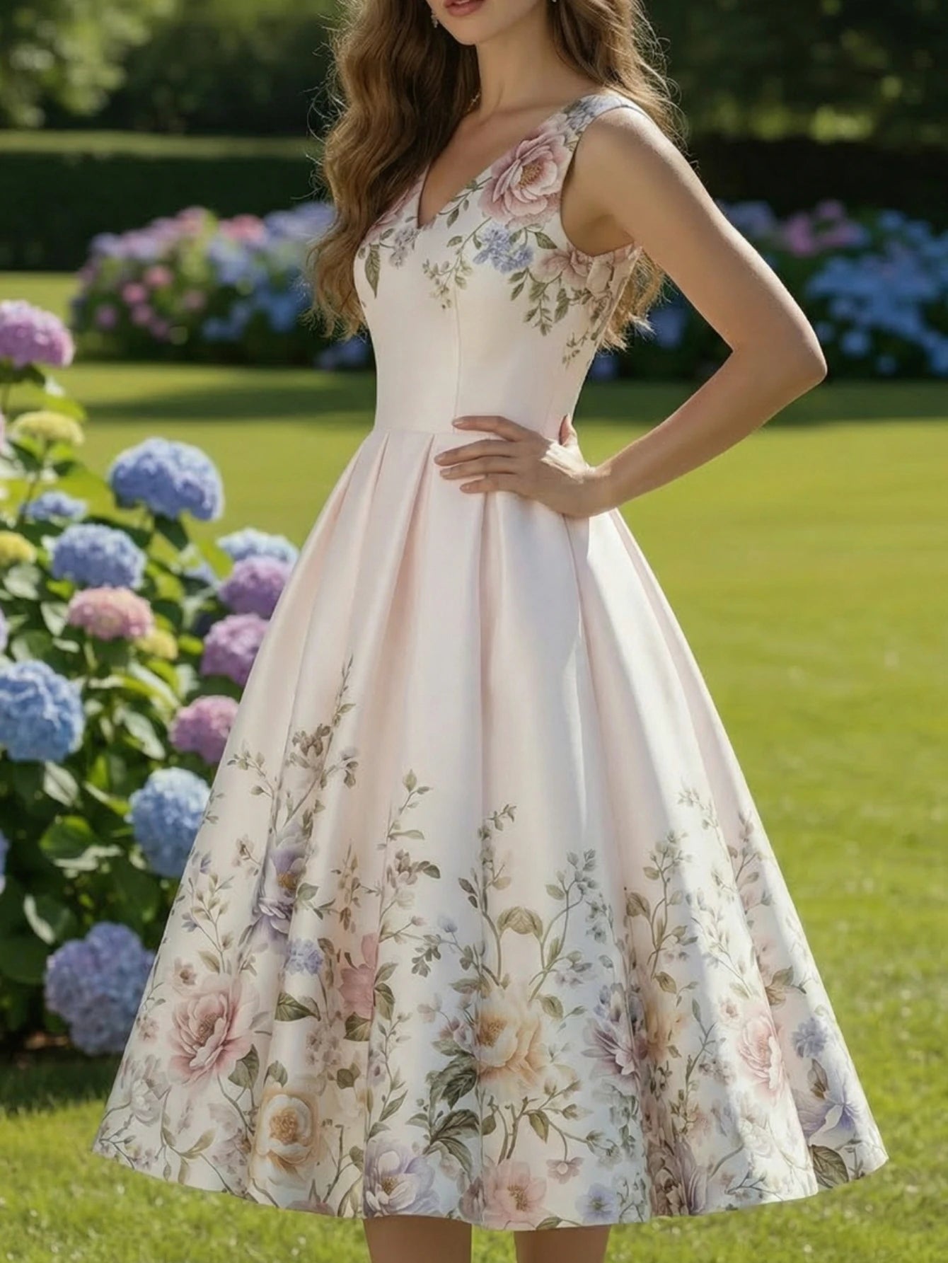 Women's V Neck Sleeveless All Over Floral Print Pleated Swing Midi Dress For Wedding Guest Garden Party Dinner Daily Fashion Occasions