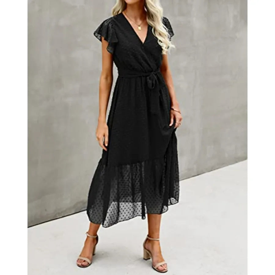 BTFBM Women Summer Bohemian Casual Wrap V Neck Ruffle Cap Sleeveless Belt A-Line Pleated Hem Midi Sun Dress