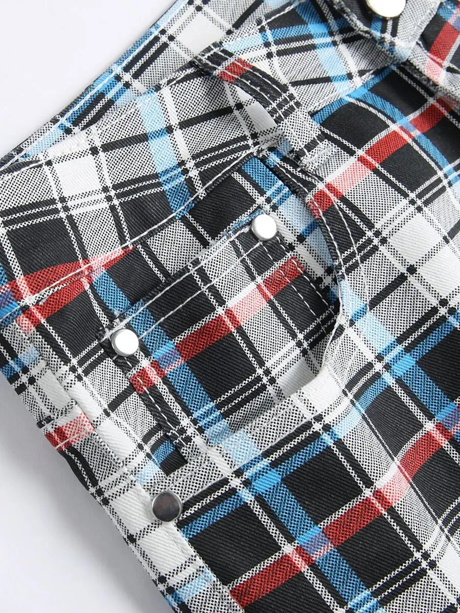 Men Plaid Print Denim Shorts Without Belt