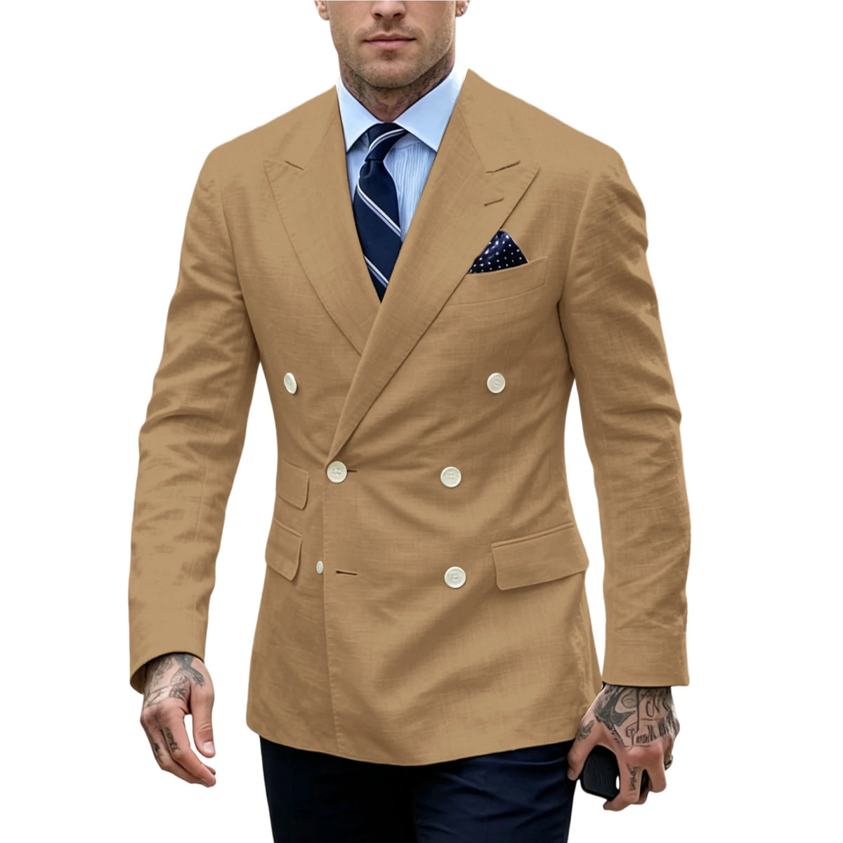 Men's Double Breasted Blazer Slim Fit Linen Suit Jacket Formal Business Casual Tuxedo for Wedding Prom Office Party Daily Wear