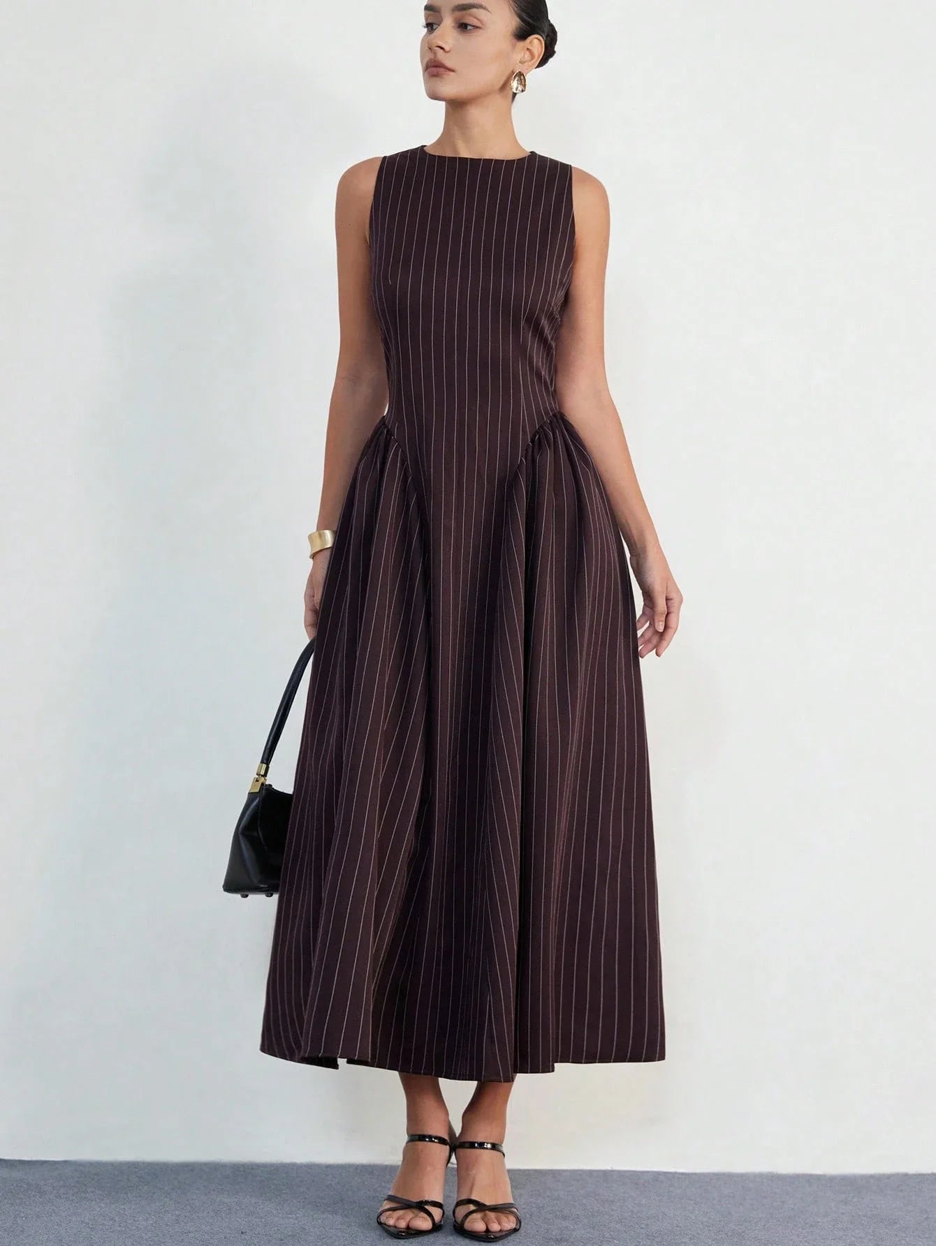 Sleeveless Pinstripe Princess Dress With Ruched Flared Skirt Round Neck Waist Cinched Elegant Midi Dress