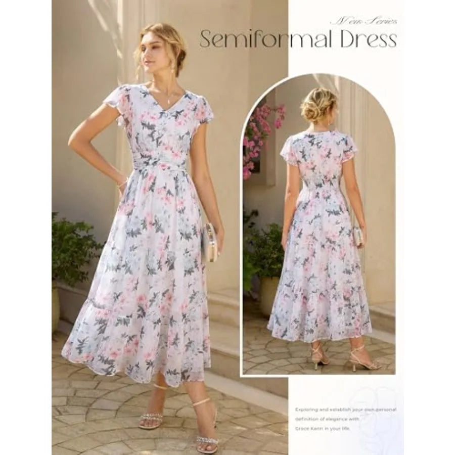 GRACE KARIN 2026 Women Summer Dress, Maxi Short Sleeve Floral Dresses, Semi Formal Flowy Wedding Guest Dress with Pocket