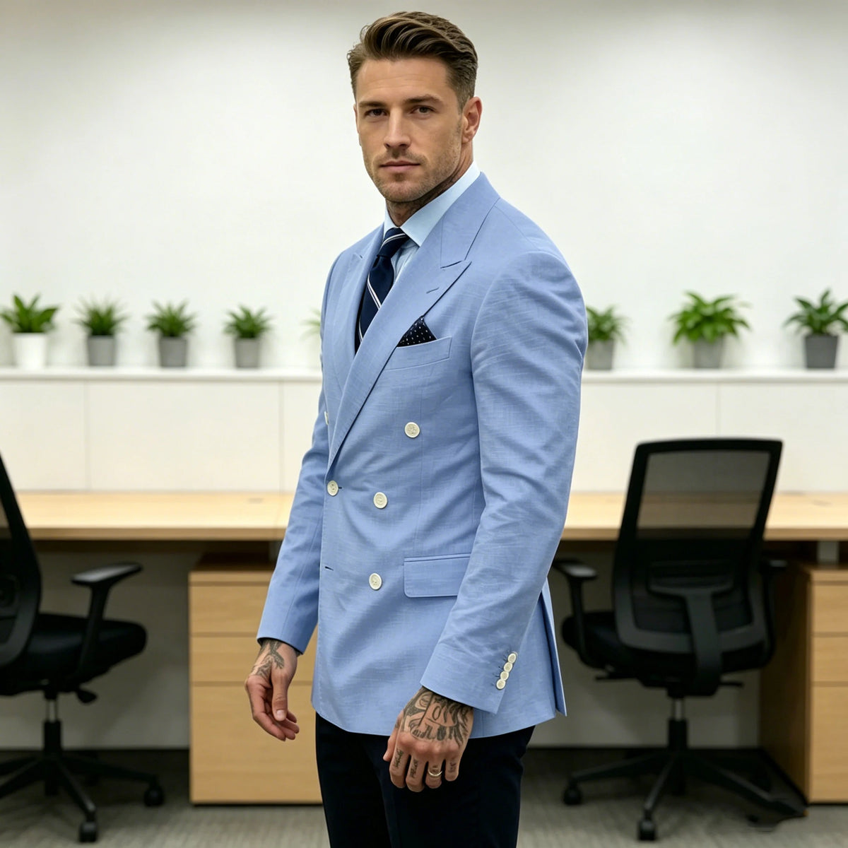 Men's Double Breasted Blazer Slim Fit Linen Suit Jacket Formal Business Casual Tuxedo for Wedding Prom Office Party Daily Wear
