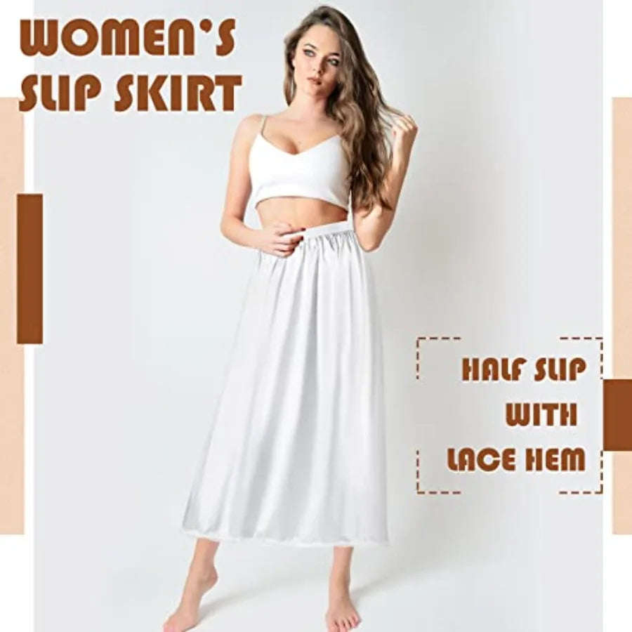 3 Pieces Half Slips for Women 3 Kinds of Length 19, 27, 35 Inch Slip Under Dress Satin Lace Long Skirt