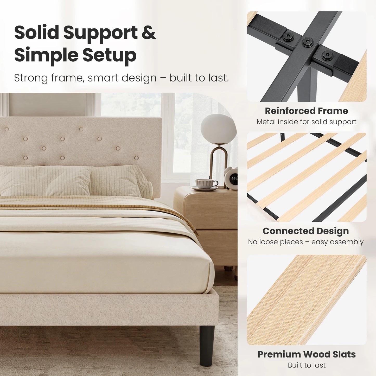 JHK Queen Full Size Bed Frame with Upholstered Headboard Fabric Platform Bed Frame with Wood Slats Support and Heavy Duty Feet