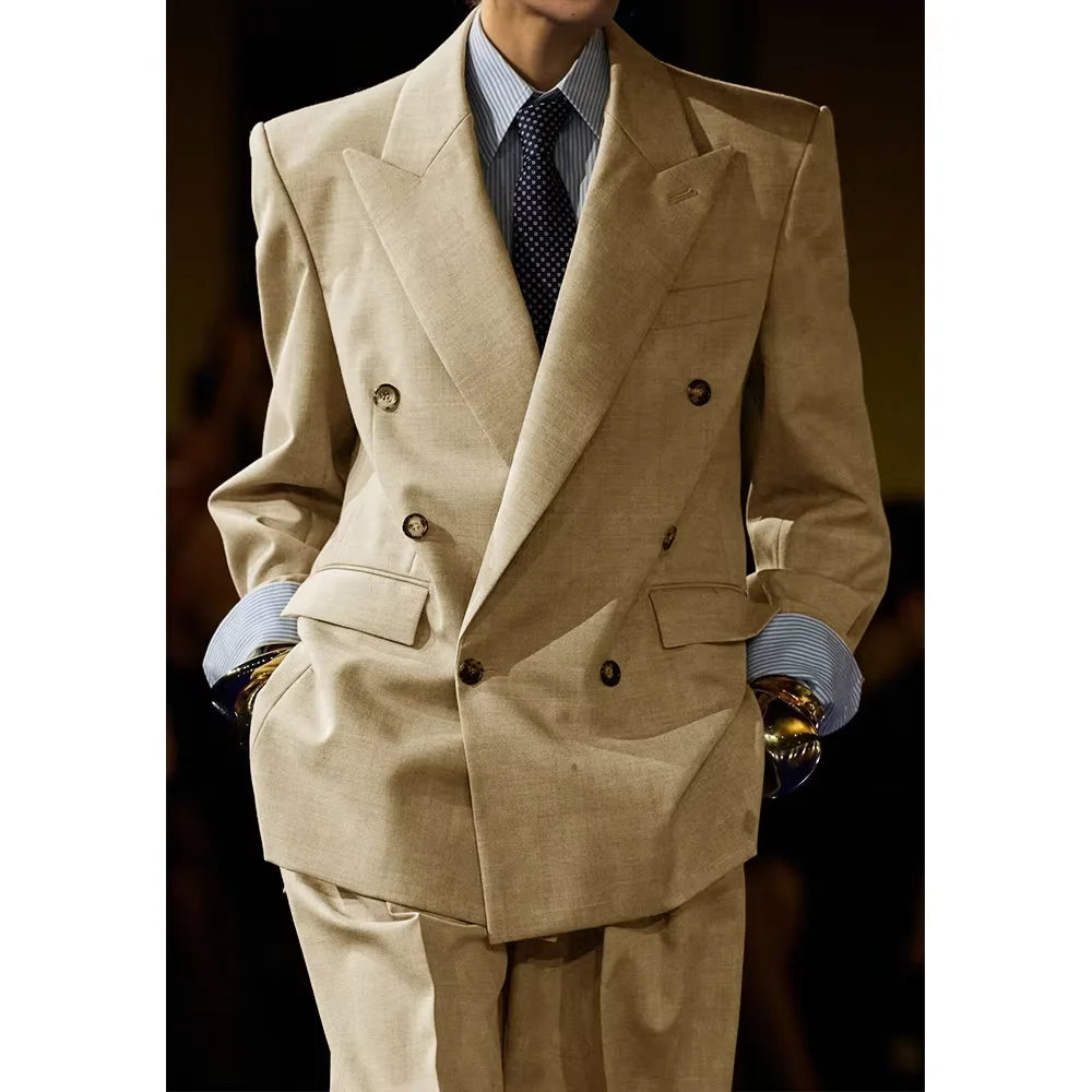 Men's Linen Suit Set Double Breasted 2 Pieces Peak Lapel Oversized Breathable Soft Formal Jacket Pants Outfit Business Casual