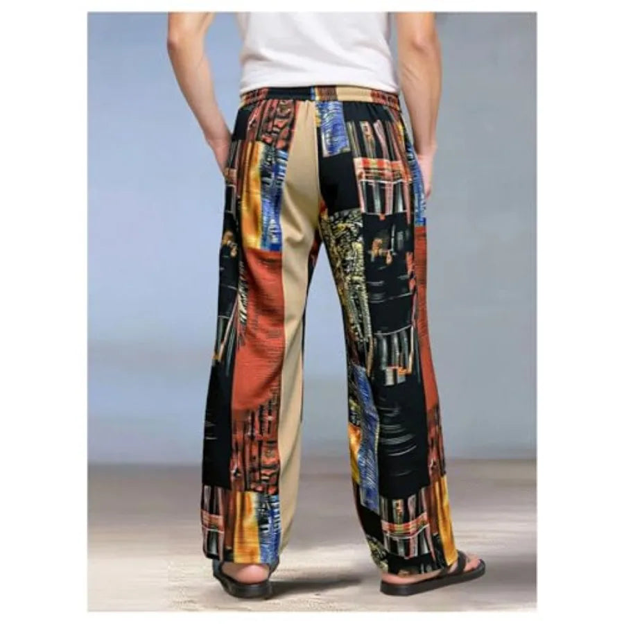 GORGLITTER Men's Patchwork Pants Drawstring Waist Wide Leg Baggy Wide Leg Pants Summer Vacation Beach Trousers