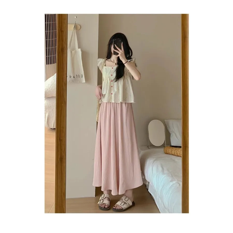 【HOT】A-line big swing culottes summer forest texture pleated skirt small man lazy mid-style long dress pleated