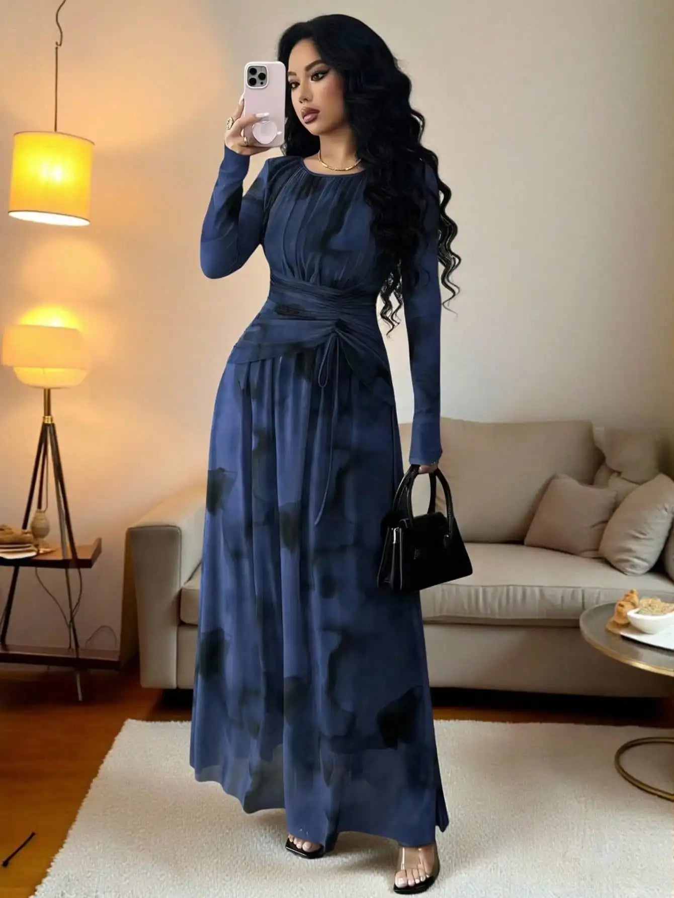 Elegant Floral Print Long Sleeve Maxi Dress With Drawstring Waist