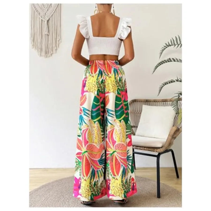WDIRARA Women's Tropical Floral Print Elastic Waist Wide Leg Pants Palazzo Pants