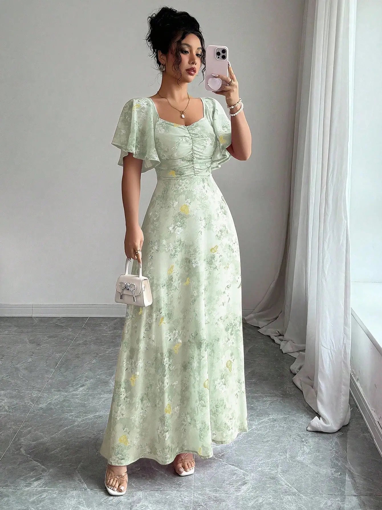 Women's Chiffon Butterfly Print Ruched Square Neck Batwing Sleeve Maxi Dress