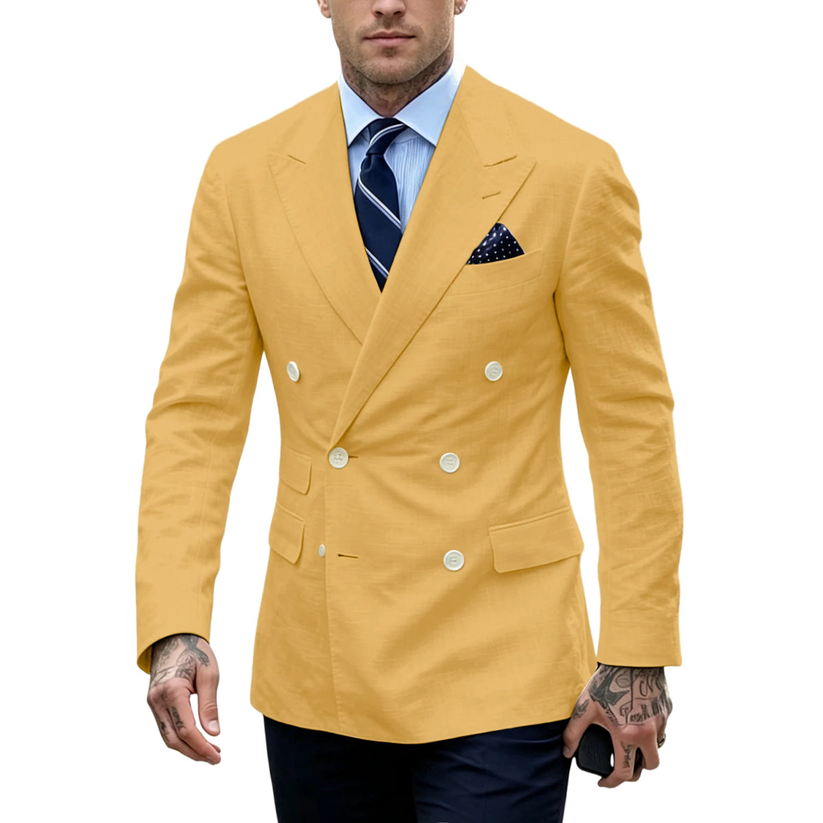 Men's Double Breasted Blazer Slim Fit Linen Suit Jacket Formal Business Casual Tuxedo for Wedding Prom Office Party Daily Wear