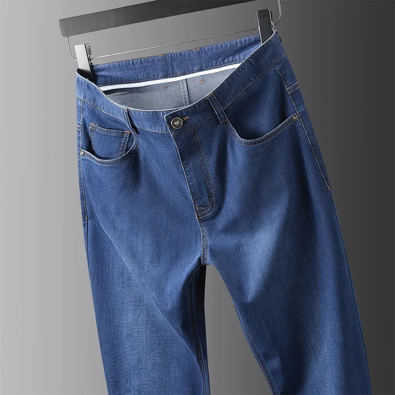BROWON Brand Silk Men Jeans 2026 Summer Thin Straight Business Casual Pants Mid Waist Solid Color Fashion Jeans for Men Clothes