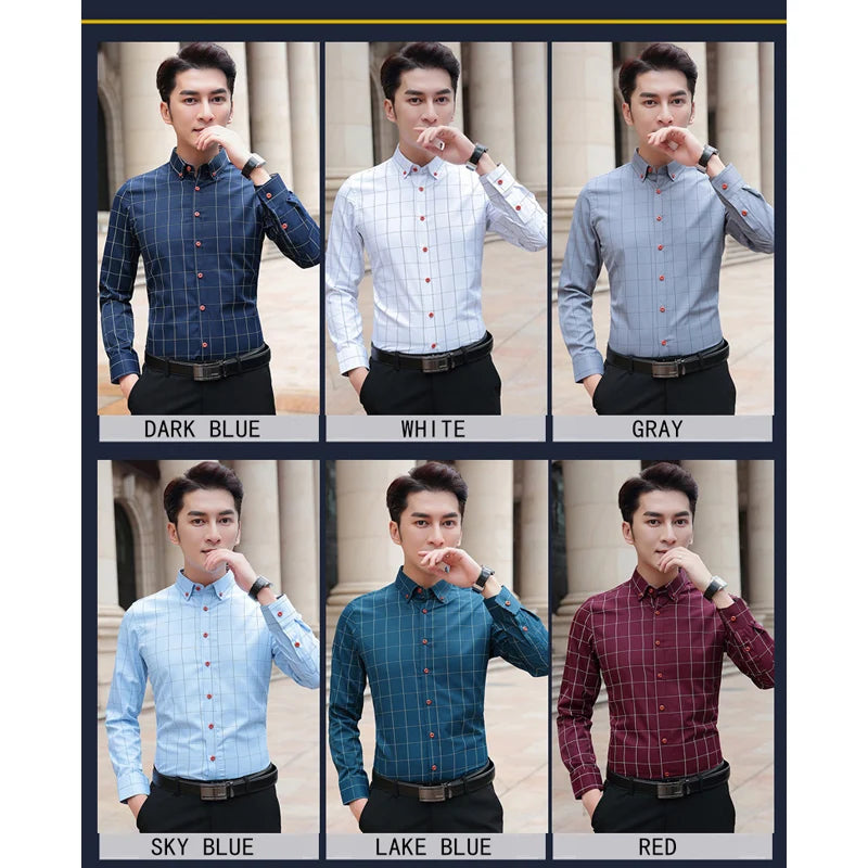 BROWON Brand Shirts Men Long Sleeve Turn-down Collar Plaid Pattern Men's Shirt Smart Casual Business Shirt Plus Size M - 5XL