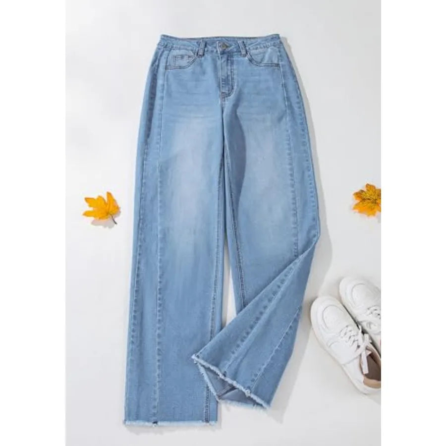 PRETTYGARDEN Wide Leg Jeans for Women Trendy High Waisted Stretchy Baggy Raw Hem Denim Palazzo Pants 202 Spring Fall Clothes