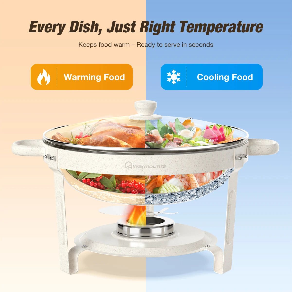 Warmounts Fully Coated Round Chafing Dishes Buffet Set With Glass Lid