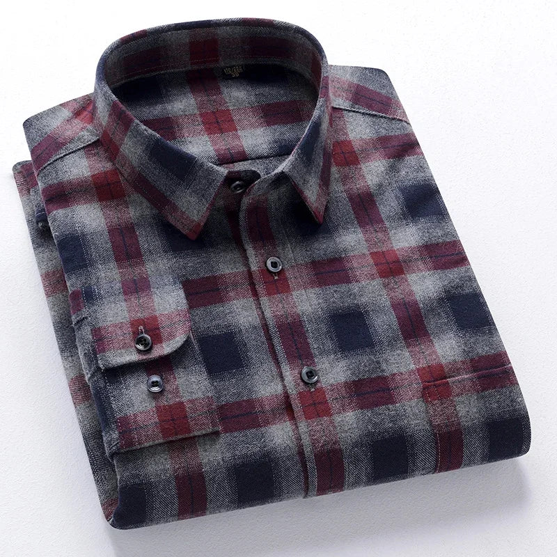 BROWON Men Cotton Plaid Shirt Long Sleeve Slim Fit Business