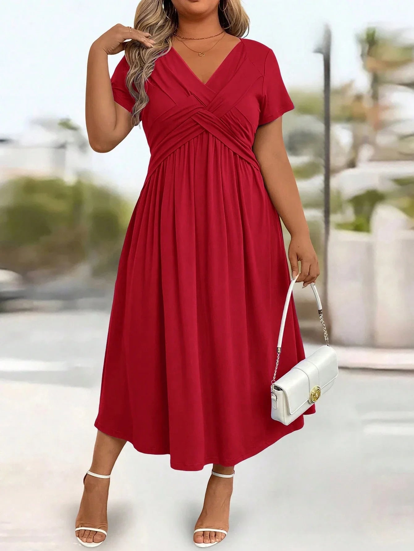 Casual Solid Color Twist Front A-Line Midi Dress For Women