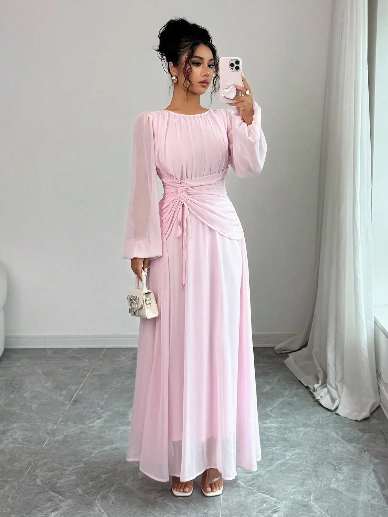 Women's Spring Summer Romantic Elegant Ruched Waist A-Line Long Sleeve Maxi Dress