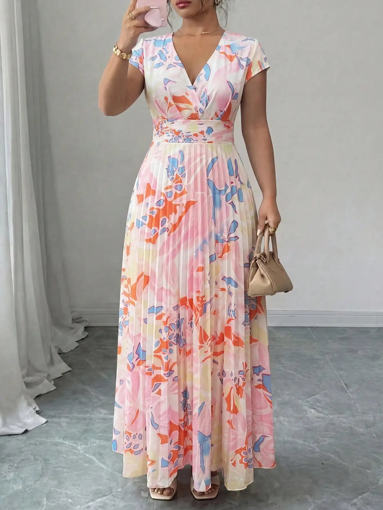 Womens V-Neck Short Sleeve Pleated Maxi Dress With Multicolor Abstract Floral Pattern