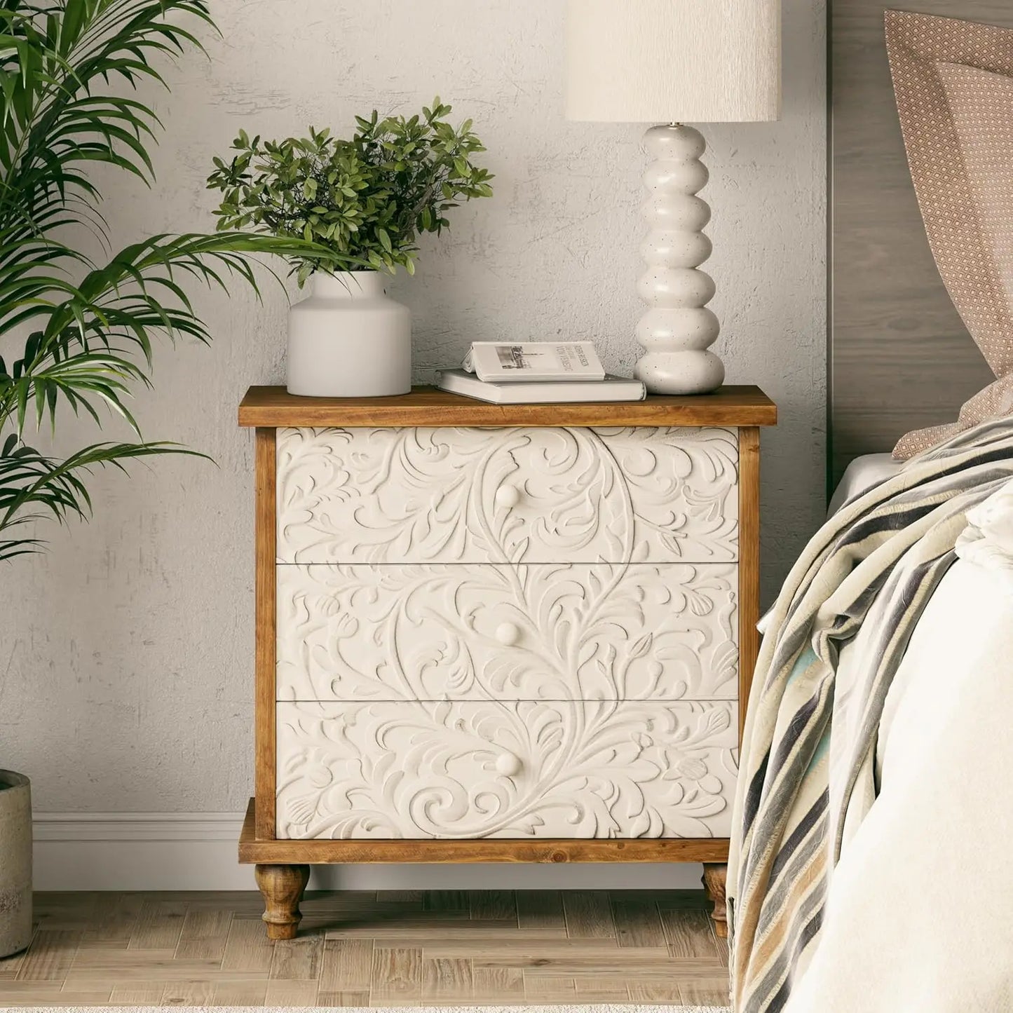 3 Drawer Farmhouse Dresser with Embossed Weathered Flower Motif, Vintage Nightstand for Bedroom, Almost, Customized