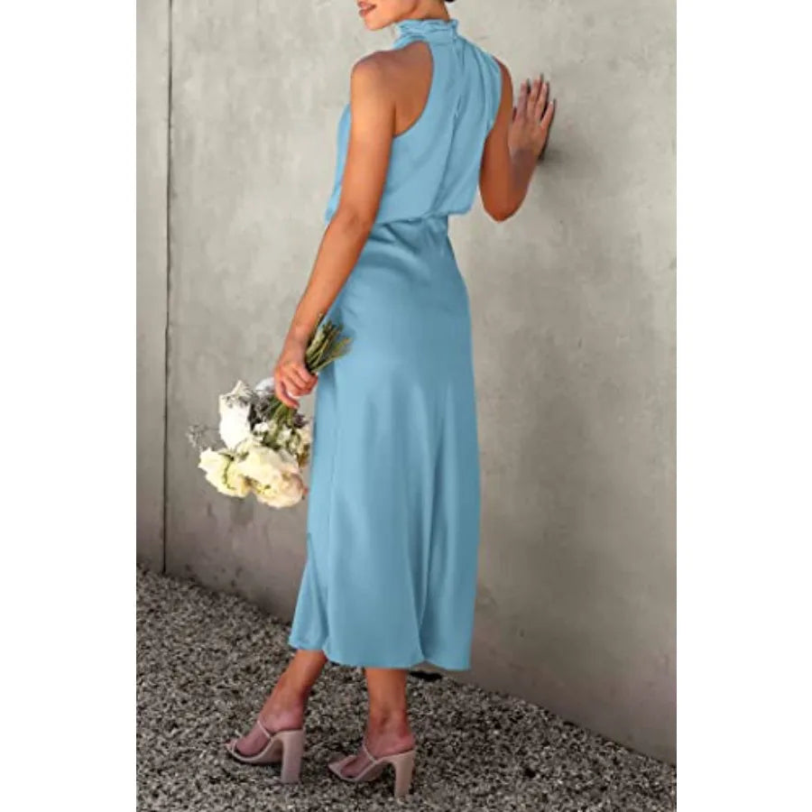 PRETTYGARDEN Women's 2026 Summer Satin Dress Elegant Sleeveless Mock Neck Cocktail Party Maxi Dresses
