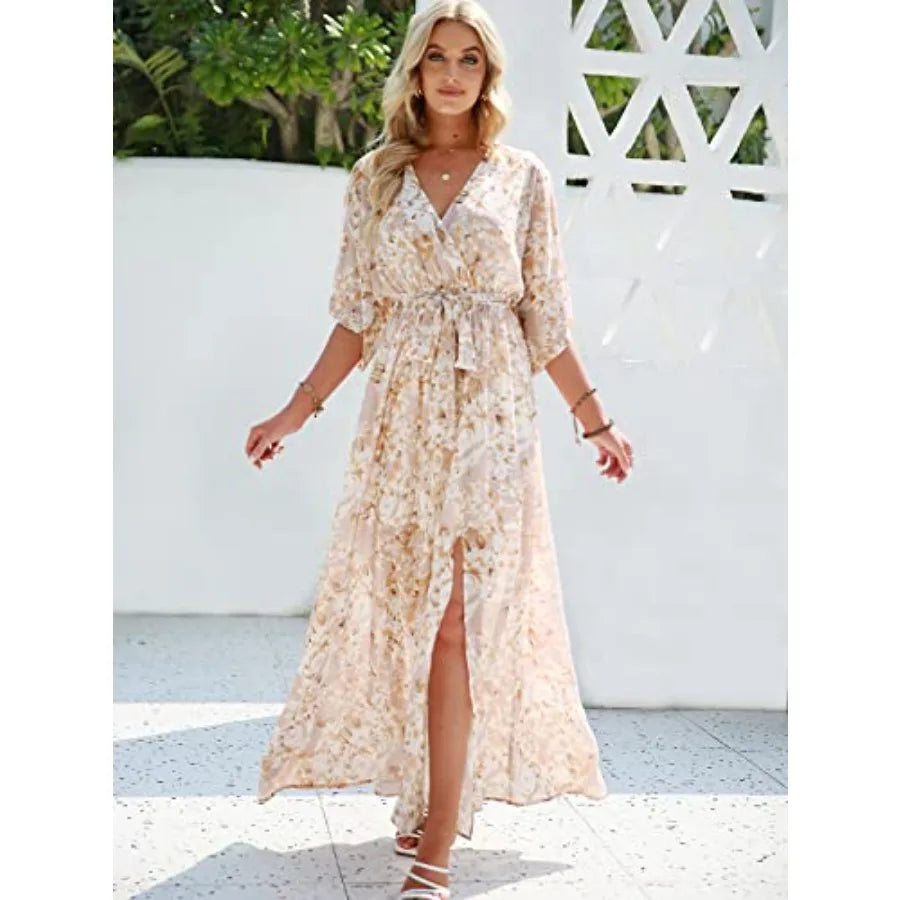 ANRABESS Womens 1/2 Sleeve Beach Wedding Guest Maxi Dresses 2026 Summer Wrap V Neck Boho Floral Flowy Slit Long Dresses