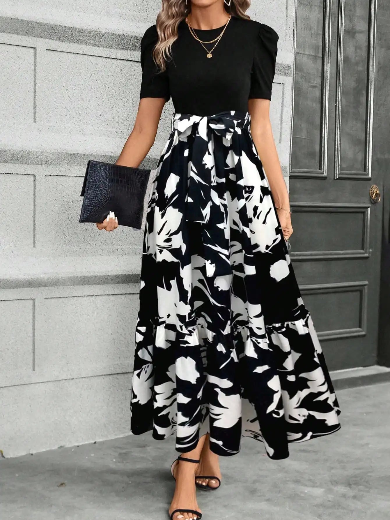 Women's Black Puff Sleeve Floral Print Maxi Dress With Sash Waist