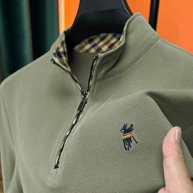 Mens Cotton Long Sleeve Embroidered Zipper Stand Collar Polo Shirt