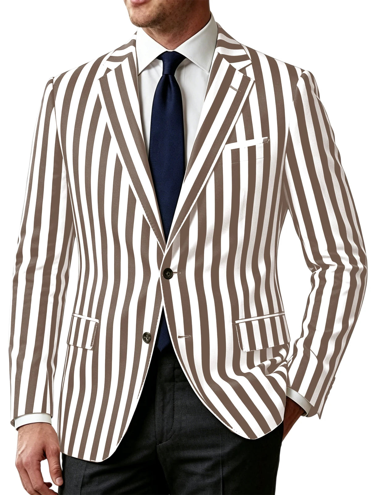 Men's Vertical Striped Blazer Slim Fit Single Breasted Casual Business Sport Coat Lightweight Formal Jacket For Office Wedding