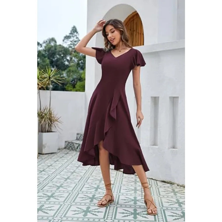 HomRain V Neck Formal Wedding Guest Dresses for Women Ruffle Sleeves for Cocktail Graduation Modest Dress