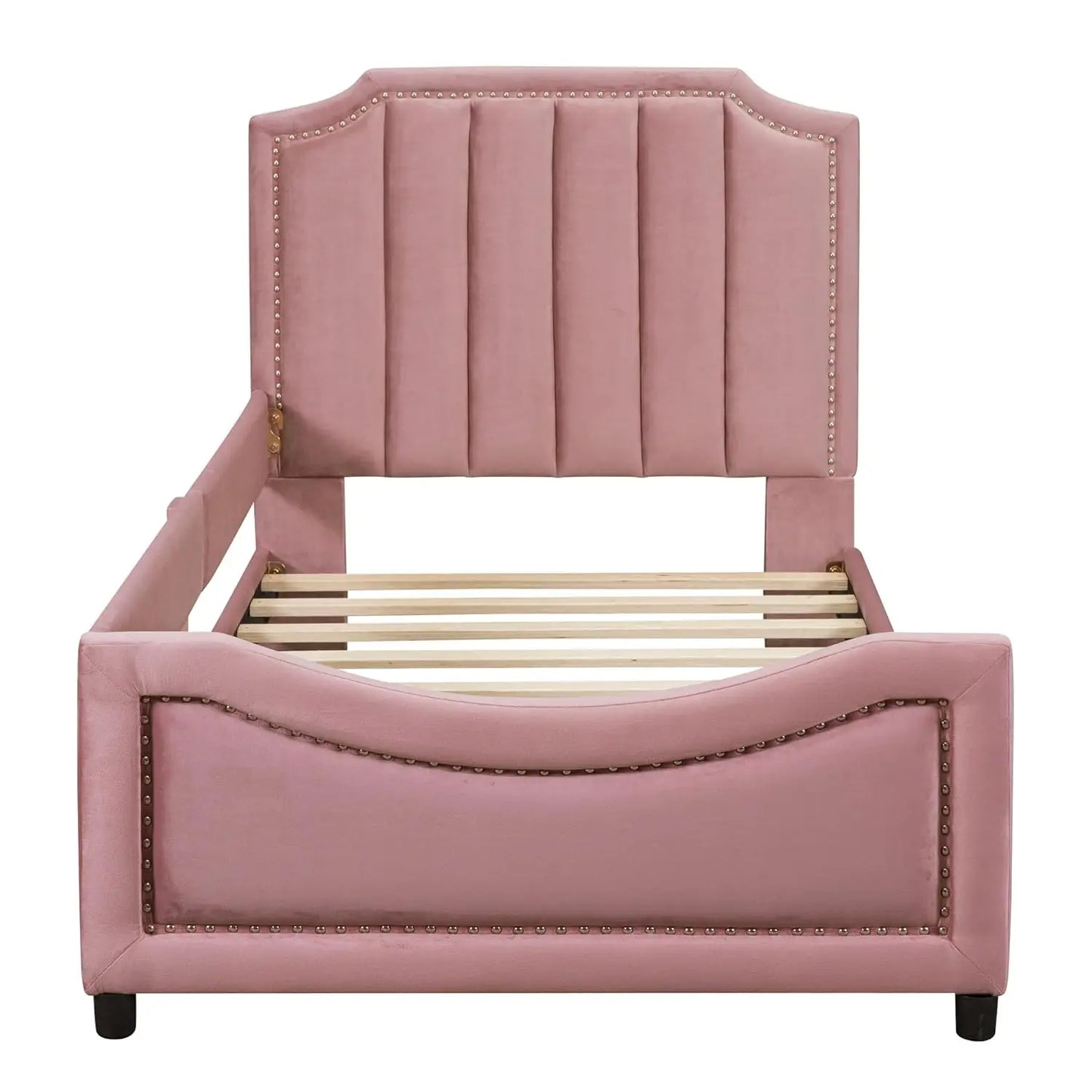 Twin Size Upholstered Bed with Belgrave Headboard, Low Platform Bed Frame with Rails, Kids Velvet Daybed with Slats, Customized