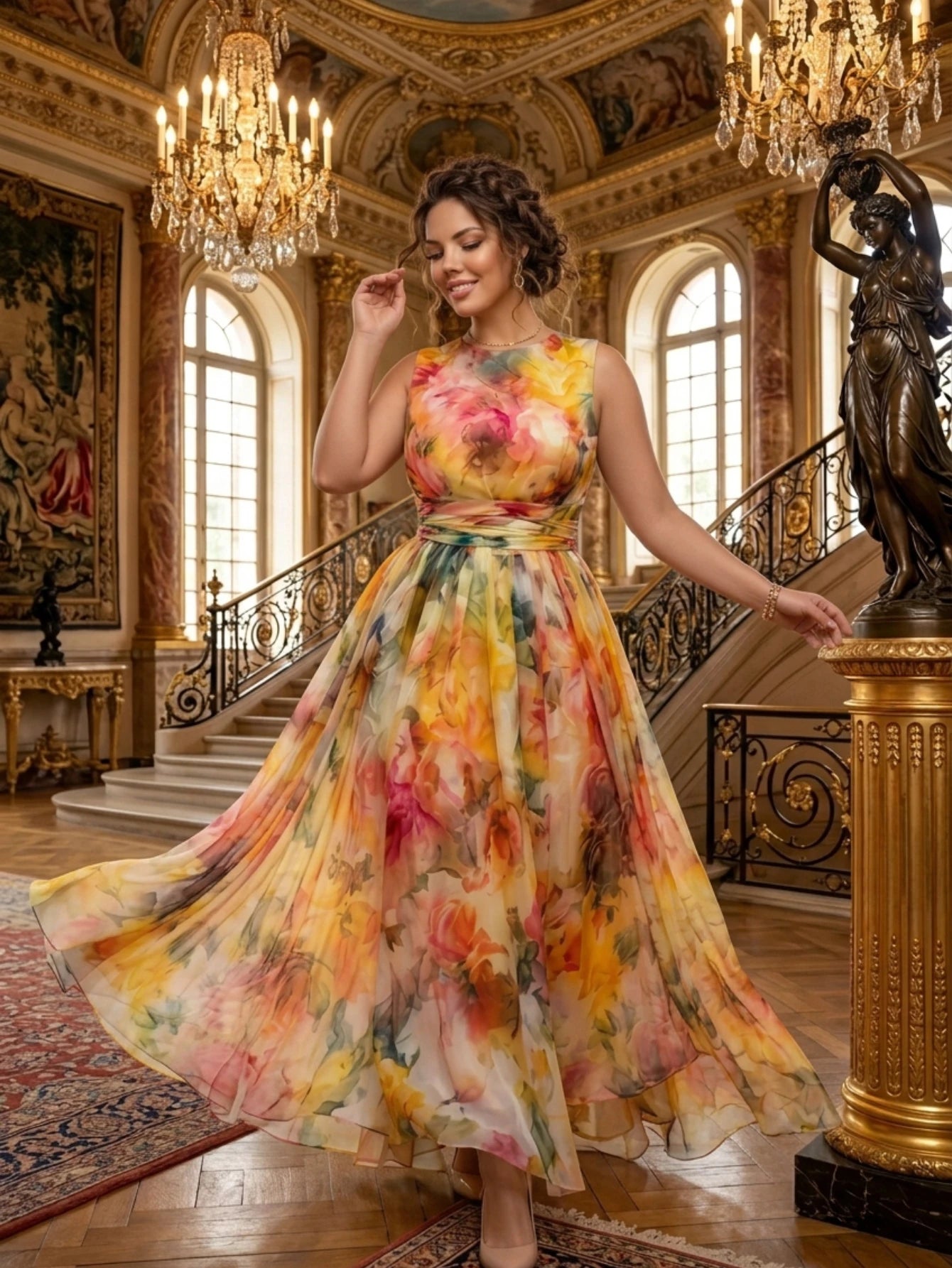 Women's Round Neck Sleeveless All Over Floral Print Flowy Maxi Dress For Dinner Wedding Guest Garden Party Fashion Occasions