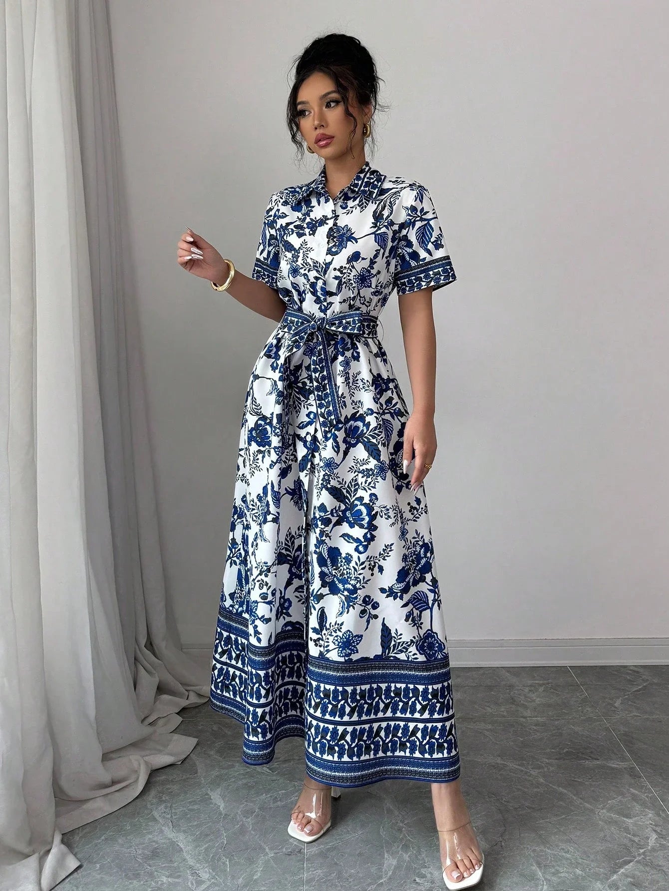 Casual Vacation Collared Button Up Porcelain Floral Print Flare Dress