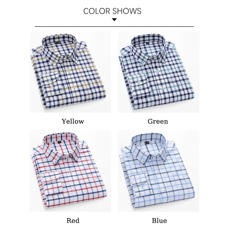 Browon Men's Cotton Oxford Plaid Long Sleeve Business Shirt