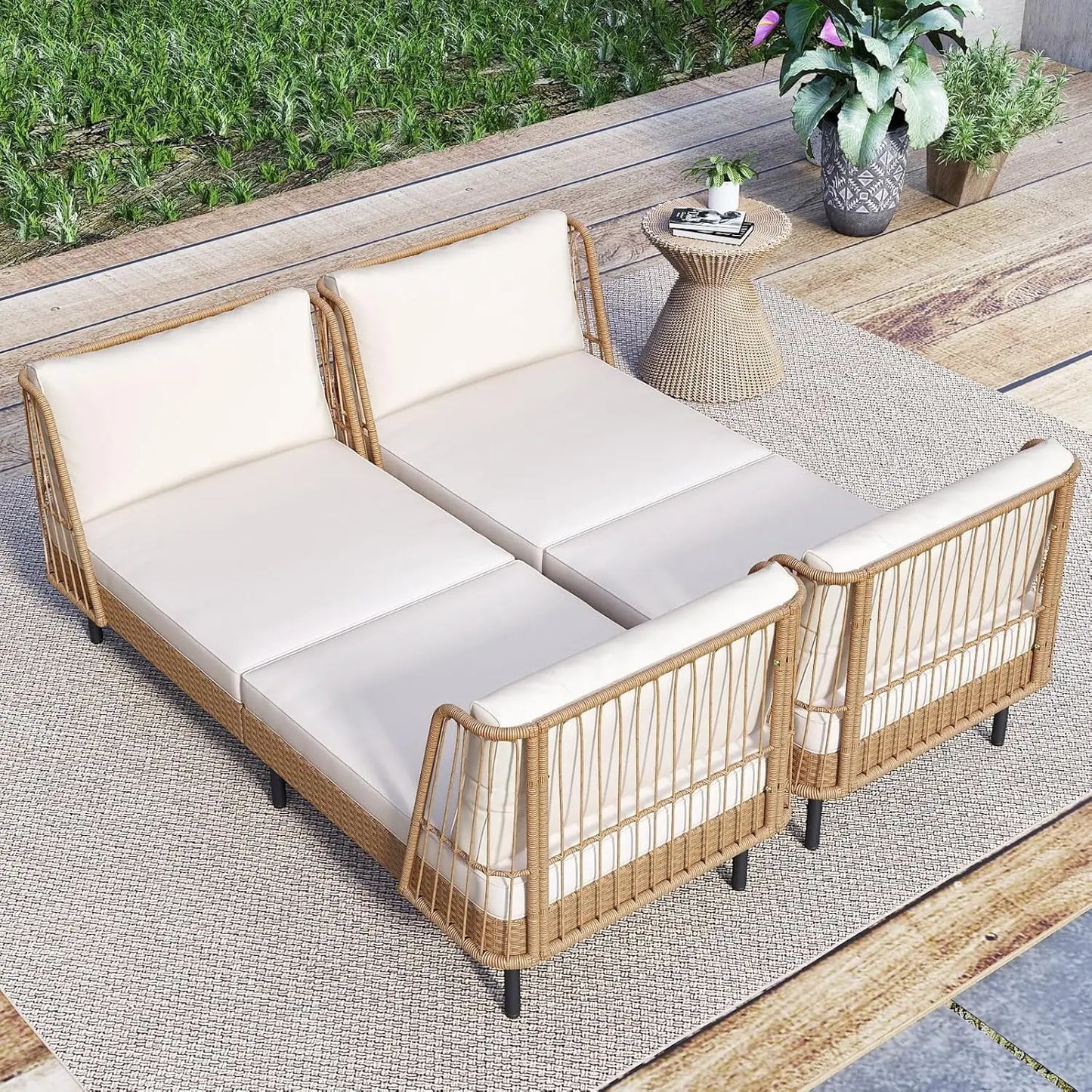 Patio Rattan Daybed, Boho Outdoor Wicker Lounge Sofa with Seat & Back Cushions, 2-Seat Bench Sun Lounger Chair with, Customized