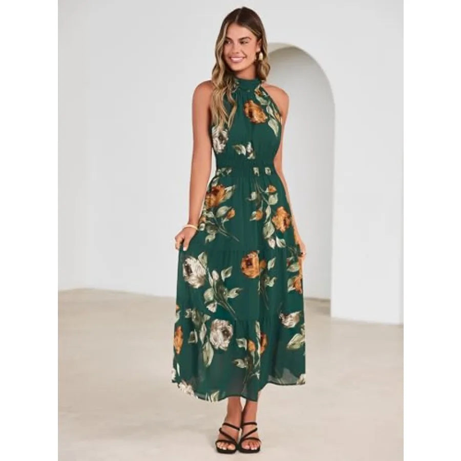 Simplee Womens Summer Halter Wedding Guest Dress Maxi Floral Vacation Boho Sundresses Flowy Formal Long Travel Dresses 2026