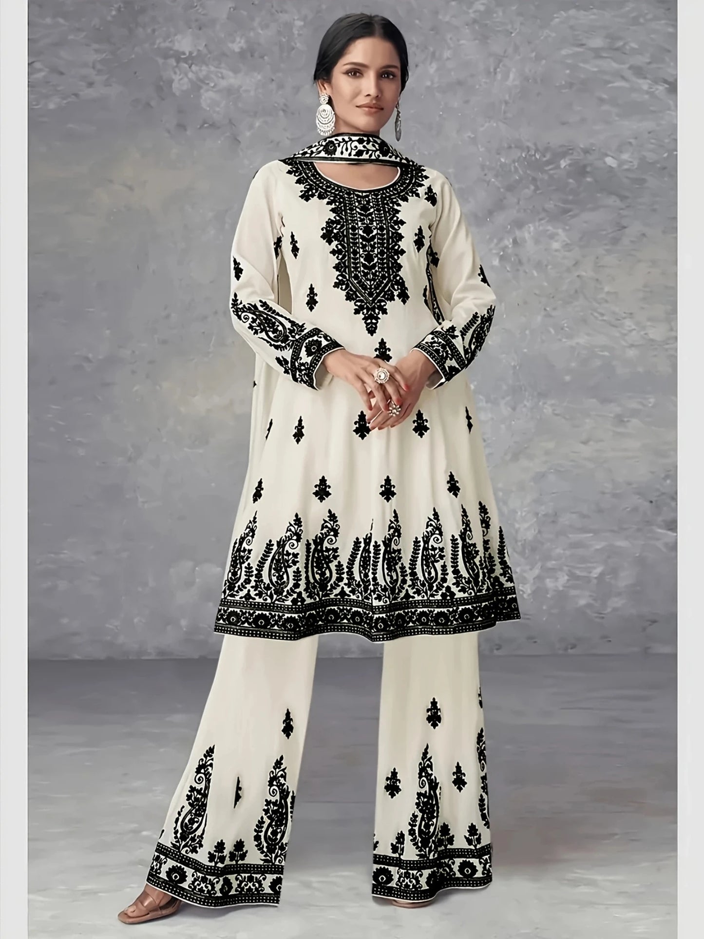 Plus Size Women's Off-White and Black Printed Three-Piece Set Ethnic Style Crew Neck Long Top Wide-Leg Pants and Headscarf Set