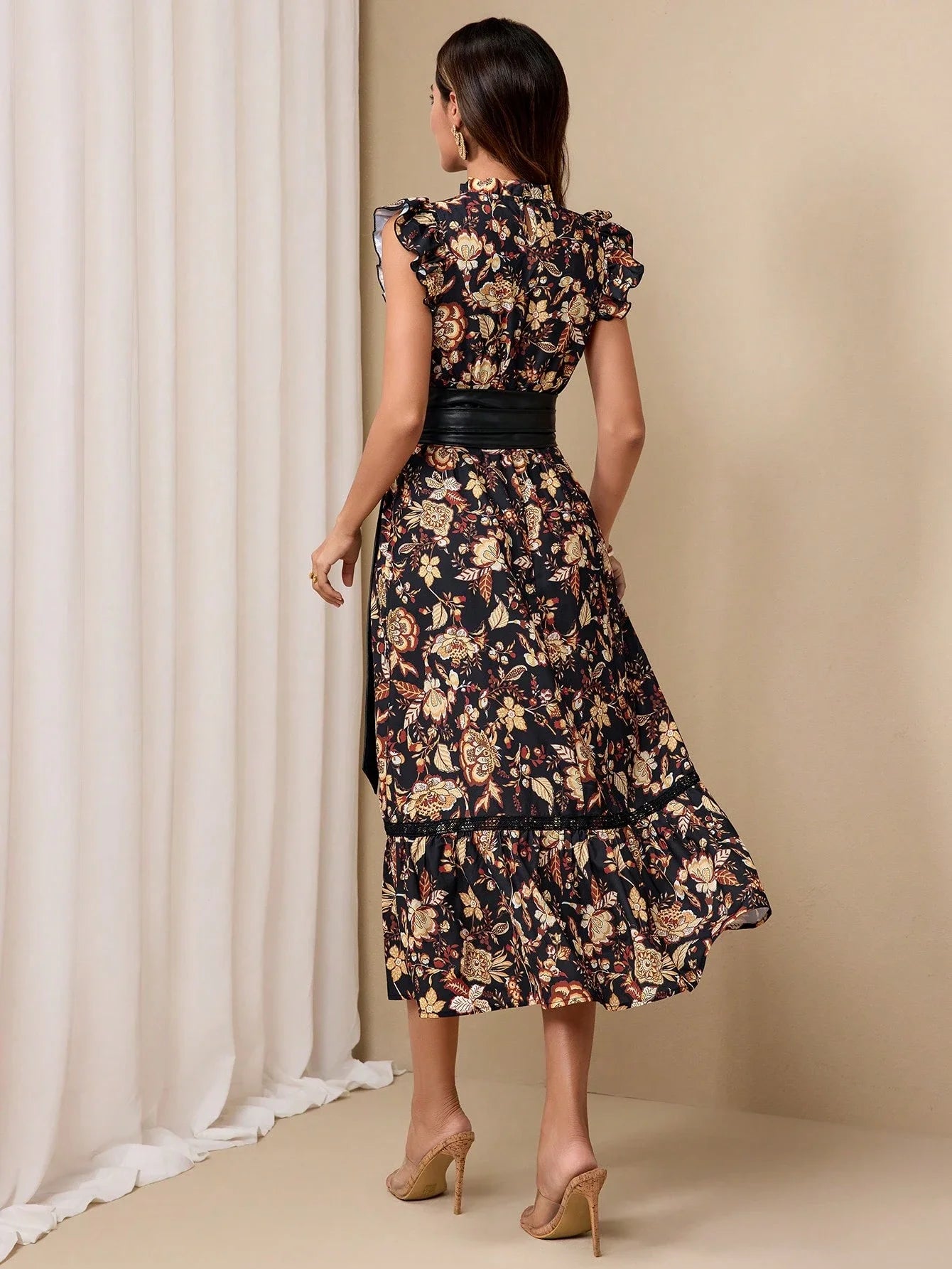 Elegant Floral Print Cinched Waist Midi Dress With Ruffle Sleeve
