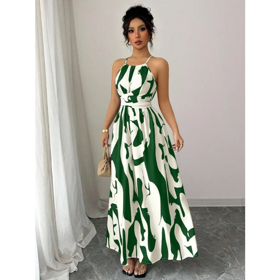 2026 European and American - fashion temperament floral hanging neck long dress
