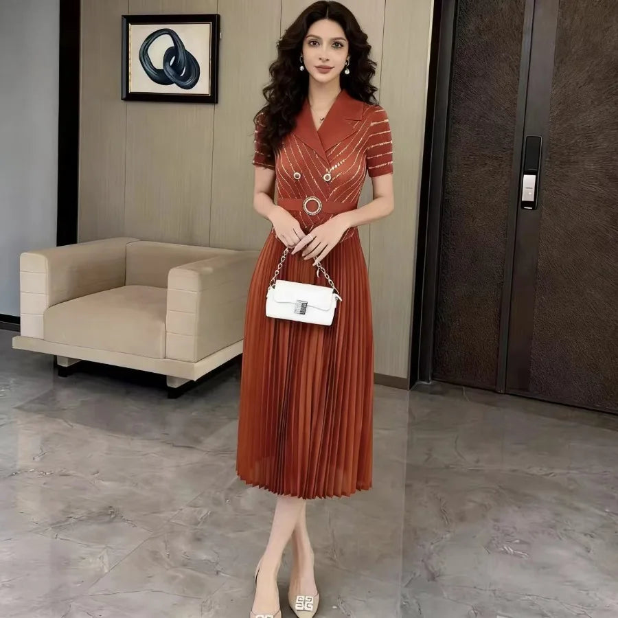 【New style】Europe 2026 summer new style fashionable pleated V-neck splicing slim slimming dress medium and long pleated skirt