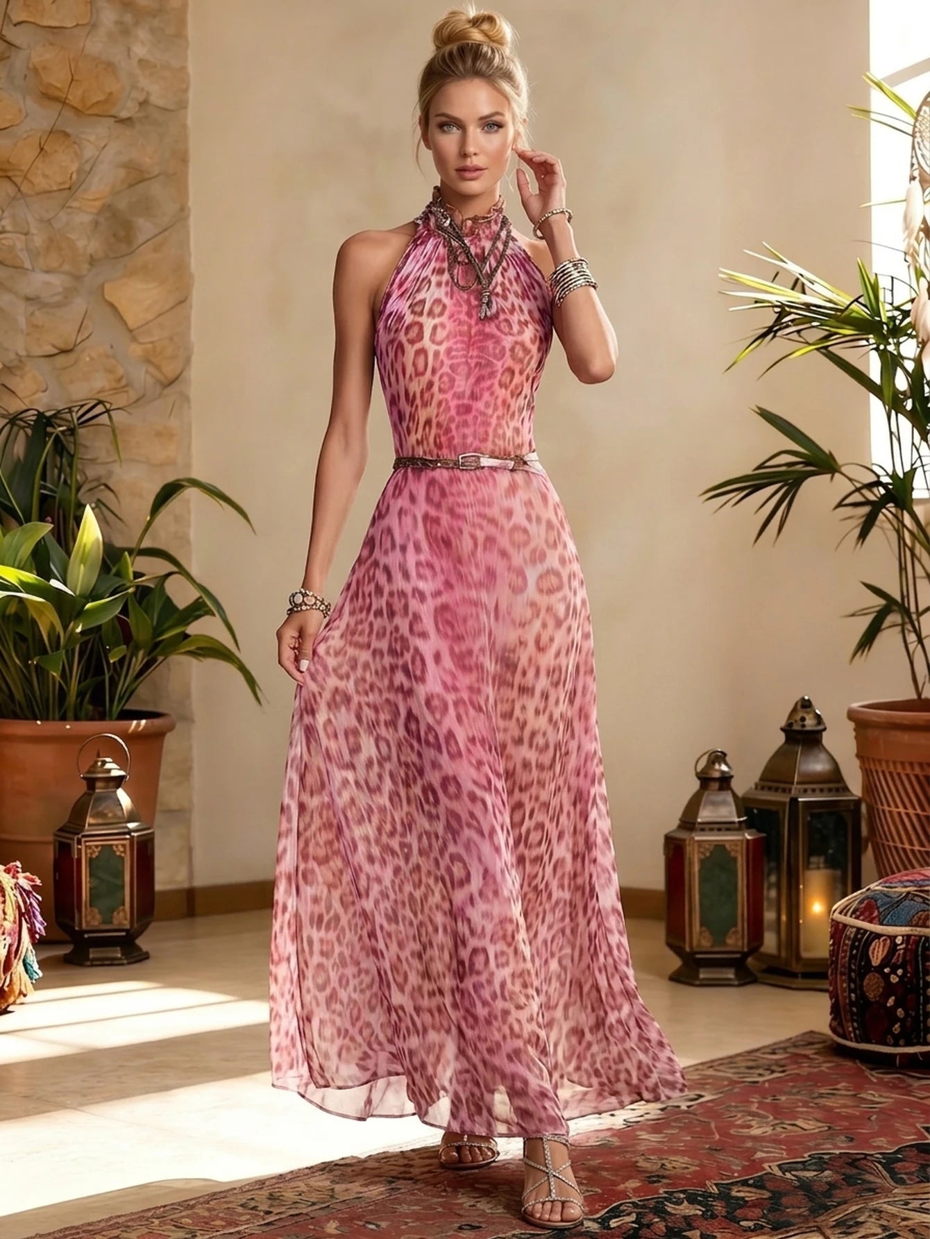 Women's Halter Sleeveless Leopard Print Flowy Maxi Dress For Travel Vacation Outdoor Weekend Casual Fashion Occasions