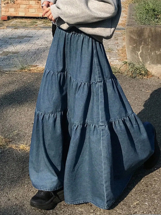 Women's Tiered Ruffle Hem Elastic Waist Long Denim Skirt